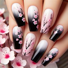 #nails #arts #fashion #nailart Nail Art Designs Cherry Blossoms, Nails Design Spring 2024, Cherry Bloom Nails, 2024 Spring Nail Designs, Black Spring Nail Designs, Japanese Blossom Nails, Japanese Cherry Blossom Nail Art, Nails With Cherry Blossoms, Japan Nails Design Tokyo