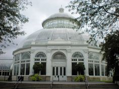 a large white building with stairs leading up to it's entrance and trees in the foreground