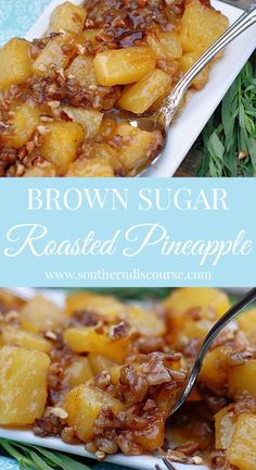 brown sugar roasted pineapple casserole on a white plate with a spoon in it