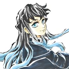 a drawing of a woman with long hair and blue eyes, wearing a black outfit