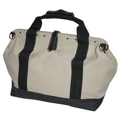 a white and black duffel bag on a white background