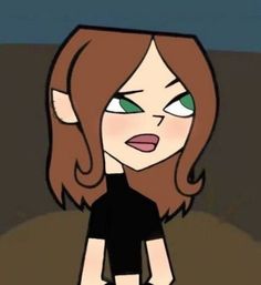 an animated girl with green eyes and brown hair standing in front of a dark background