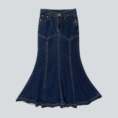 Make a statement this season with our Contrast Stitching Peplum Jeans Skirt. Y2K style from our 2023 Autumn Collection. An exquisite combination of vintage chic and modern fashion. this high-waist. long skirt features a zipper and button closure. dark wash denim and contrast stitching in a bold. retro-inspired peplum silhouette.Distinctive Features: Y2K Style: Make a statement with this vintage-inspired. Y2K-style skirt that will take you back to the 2000s in style. Dark Wash Denim: Crafted from Trendy Fitted Flare Denim Skirt, Trendy Fitted Flare Skirt, Chic Non-stretch Denim Blue Skirt, Chic Fitted Flared Denim Skirt, Chic High Waist Denim Blue Skirt, Spring Flared Hem Denim Blue Bottoms, Spring Denim Blue Flared Bottoms, Elegant High-waist Denim Skirt, Elegant High Waist Denim Skirt