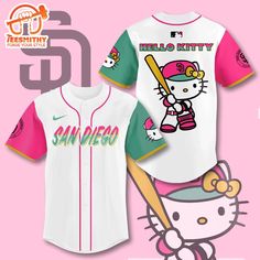 the hello kitty baseball jersey is on display in front of a pink and white background