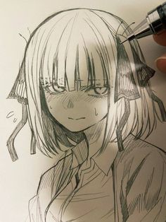 a drawing of a girl with long hair and wearing a shirt, holding a pen in her hand