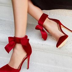 Red Satin Bow Prom Shoes Ankle Strap Stiletto Heel Pumps for Formal event | FSJ High Heel Dress, Prom Heels, Heels Outfits, Red High Heels, Heels Classy, Pumps Heels Stilettos, Bow Heels, Red High, Prom Shoes