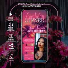 the birthday dinner flyer is displayed with pink flowers