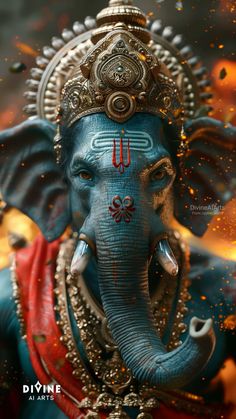 an elephant statue is painted in blue and red with gold decorations on it's head