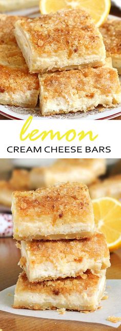 lemon cream cheese bars stacked on top of each other with the words lemon written above them