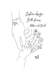 a drawing of a person's hand with flowers and butterflies on it, in black and white