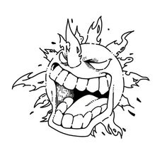 an ink drawing of a monster with its mouth open and teeth wide open, it is black and white