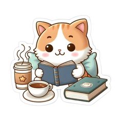 a cat reading a book next to a cup of coffee