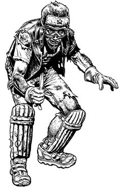 a black and white drawing of a person playing cricket