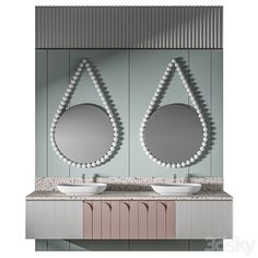 two sinks with mirrors on the wall above them and a mirror hanging from the ceiling