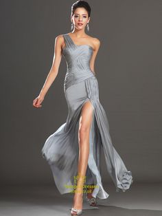 Grey One Shoulder Sleeveless Ruched Sheath Long Prom Dress With Split Elegant Chiffon Dress For Prom Season, Elegant Fitted Floor-length Chiffon Dress, Formal Fitted Chiffon Dress With Ruched Bodice, Elegant Chiffon Dress With Sweep Train For Formal Occasions, Elegant Fitted One-shoulder Chiffon Dress, Fitted Chiffon Dress With Sweep Train For Prom, One Shoulder Fitted Chiffon Dress, Elegant Chiffon Dress With Ruched Bodice For Formal Events, Fitted Chiffon Evening Dress For Gala