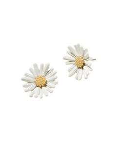 two white and yellow flower shaped earrings on a white background, one with a gold center