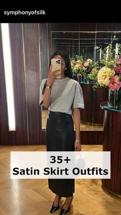 Satin Skirt Outfit Classy, Black Satin Skirt Outfit, Office Skirt Outfit, Slip Skirt Outfit, High Waisted Skirt Outfit, Black Satin Skirt, Satin Skirt Outfit, Black Silk Skirt