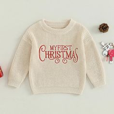 Feel the warmth and coziness of the season with the perfect oversized sweater for your little one. This comfy knit is perfect for photos, playing in the snow and opening gifts. Celebrate your baby's first Christmas in style! Baby Christmas Sweater, Summer Outfit Accessories, My First Christmas, Boy Onesie, Christmas Lettering, Boys Christmas, Holiday Sweater, Boys Hoodies