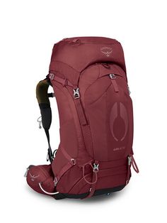 the ospree backpack is shown in red