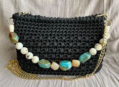 Ready for shipping!! Handmade black crochet bag! Material: macrame yarn, acrylic beads, cotton fabric!! Gold chain ! It's lined!! Dimension: 11 inch(28cm) x 7 inch(18cm) Chain: 47 inch (120cm)Removable chain!! Beaded handle : 17.5 inch (45cm) Leather base: 5 inch (13 cm) x 10 inch (26cm) Don't machine wash!! Spot clean with gentle soap ! Do not bleach!! Shoulder Bag Crochet, Crochet Crossbody Bag, Macrame Yarn, Womens Crochet Patterns, Knitted Bag, Crochet Shoulder Bag, Crochet Clutch, Round Bag, Luxury Bag