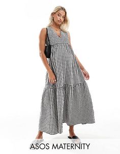 ASOS DESIGN Maternity v-neck crinkle midi sundress with tiered skirt in mono gingham | ASOS Beach Gingham V-neck Dress, Gingham V-neck Summer Dress, Spring Gingham Sleeveless Maxi Dress, Gingham V-neck Dress For Vacation, Summer Gingham V-neck Dress, Chic Gingham Maxi Dress For Summer, Summer Gingham Dress With Tiered Skirt, Gingham V-neck Dress With Ruffles, Gingham V-neck Dress For Day Out