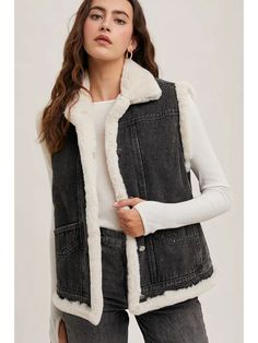 This stylish vest combines the rugged appeal of denim with the luxurious touch of faux fur lining for added warmth and comfort! The durable denim exterior provides a classic look, while the soft faux fur interior offers cozy insulation. Perfect for layering over sweaters or long-sleeve tops, this vest adds a trendy, textured element to your outfit. Ideal for transitional weather, it provides both fashion and function, keeping you warm and chic. The vest features practical details such as side po Blundstone Shoes, Boots For Sale, New Arrival Dress, Denim Vest, Classic Looks, Jumpsuit Dress, Insulation, Sweater Top, Sweaters & Cardigans