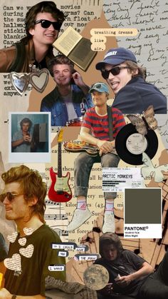 a collage of photos with people and music related items on them, including an image of a man playing the guitar