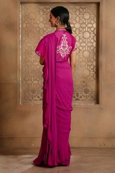 Shop for OMANA BY RANJANA BOTHRA Magenta Mayoor Pre-draped Saree With Blouse for Women Online at Aza Fashions Magenta Blouse, Raw Silk Embroidery, Draped Saree, Raw Silk Saree, Ruffle Saree, Drape Saree, Color Magenta, Embroidery Floral, Pattern Embroidery