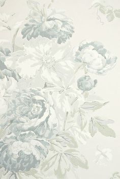 a white and blue wallpaper with flowers on it