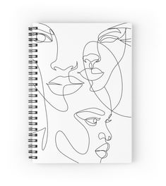 a black and white drawing of three faces on a spiral notebook with the cover open