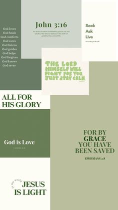 four different bibles with green and white lettering on the front, one for god is love