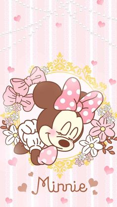 minnie mouse wallpaper with hearts and flowers on the bottom, in front of a pink background