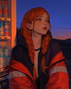 a woman with red hair is standing in front of a vending machine and looking off into the distance