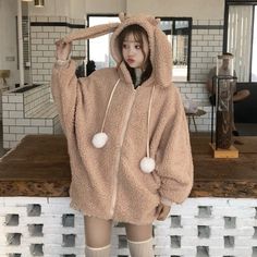 Bunny Ear Hoodie, Pastel Outfit, Fur Hoodie, Kawaii Fashion Outfits, Hoodie Coat, Rabbit Ears, Ulzzang Fashion, Inspired Outfits