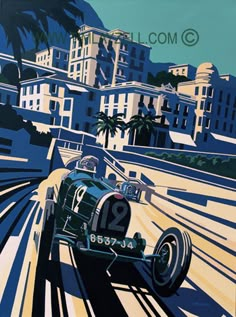 a painting of a race car driving down the track with palm trees in the background