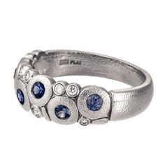 This handmade dome ring is made with platinum, 9 white diamonds (0.12ct total) and 6 blue sapphires (0.50ct total). Text or call us at 508-487-0708 for size availability and special pricing! This gorgeous ring ships in a beautiful box with a polishing cloth. Free shipping, no tax! Silver Cape, Candy Dome, Candy Ring, Alex Sepkus, Ring Model, Dome Ring, Domed Ring, Fine Jewelry Designers, Sapphire Diamond