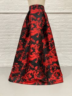 "Dramatic red and black abstract rose floral ball gown skirt. -wide waistband for a high-waisted look -inverted box pleats and flared A-line silhouette -approx. 43\" length @ center front/47\" long at center back(measured from bottom of waistband) -invisible center back zipper -side seam pockets -poly china silk lining -dry clean only We have a size Small in-stock available for immediate delivery. Additional sizes/colors can be custom ordered with estimated delivery of 2-4 weeks. Small waist 28 Red And Black Abstract, Floral Ball Gown, Abstract Rose, Gown Skirt, Ball Gown Skirt, Fashion Now, Ball Gown Dresses, Box Pleats, Black Abstract