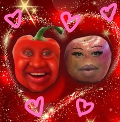 two people with faces painted to look like they are in the shape of hearts and peppers