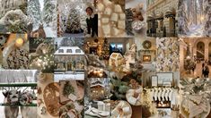 a collage of christmas images with people and animals in the snow, trees, houses, lights, decorations