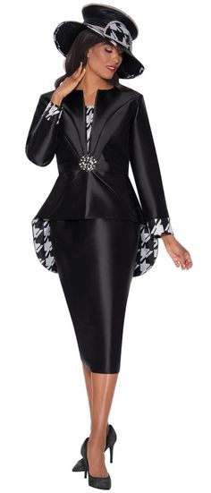 GMI BRAND Style: G9853 Fully Lined Three Piece Suit Features houndstooth check trim design with high-low peplum jacket & large rhinestone clasp LIMITED QUANTITIES Hat sold separately Shop our different departments today for dresses, suits, hats, robes and more! Sign Up for GMI Rewards Program Just go to the bottom of this page and you will see the "Sign up" spot, just click it and follow the instructions, it's very quick and really easy. First Lady Church Suits, Church Dresses For Women, Modern Suits, Women Church Suits, Fancy Suit, Twill Skirt, Church Suits, Peplum Jacket, Suit Black