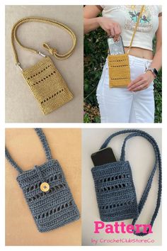 crocheted purses and cell phones are shown in three different pictures