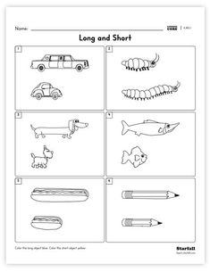 long and short worksheet with pictures of animals, cars, and pencils