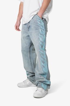 Ultra Baggy Flame Denim - Blue Oversized Light Wash Jeans For Streetwear, Streetwear Faded Rigid Denim Cargo Jeans, Faded Rigid Denim Cargo Jeans For Streetwear, Oversized Five Pocket Jeans For Streetwear, Oversized Five-pocket Jeans For Streetwear, Oversized Washed Blue Jeans For Streetwear, Oversized Faded Urban Jeans, Oversized Urban Faded Jeans, Light Wash Washed Cargo Jeans For Streetwear