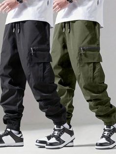 2pcs Men's Casual Versatile Simple Cargo Pants Multicolor Casual   Woven Fabric Colorblock,Plain Cargo Pants Non-Stretch Spring/Summer/Fall Men Clothing, size features are:Bust: ,Length: ,Sleeve Length: