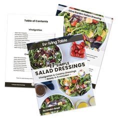 three cookbooks are shown with salads and dressings on the pages, one is in