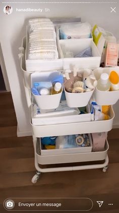 a white cart filled with lots of different types of toiletries and personal care items