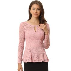 Elevate your wardrobe with this stunning peplum blouse that flatters your figure and adds an air of elegance to your essentials. This lace peplum top is a true beauty, featuring a peplum waist, a front keyhole, and intricate floral prints that are bound to turn heads. It is perfect for any occasion, including weddings, parties, cocktails, and more. You can pair it with your favorite jeans, pants, or skirts to complete a chic and sophisticated look. The fabric is not only stunning but also soft, Lace Peplum Blouse, Lace Peplum Top, Lace Blouse Long Sleeve, Sheer Long Sleeve, Lace Peplum, Peplum Blouse, Peplum Hem, Hem Style, Pink Blouse