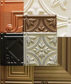 the different types of decorative wall tiles in various colors and patterns, including gold, white, black, brown, orange