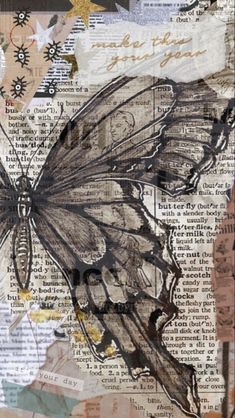 an altered photograph of a butterfly on top of some newspaper pages with words and stars