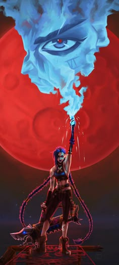 a woman with blue hair holding up an object in front of a red sun and clouds